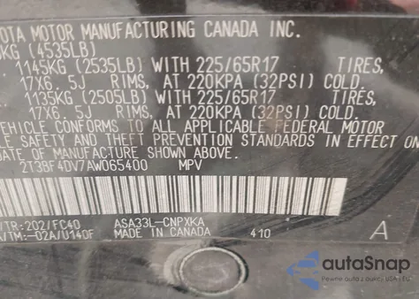 2010 Toyota Rav4 from USA, damaged, VIN 2T3BF4DV7AW065400